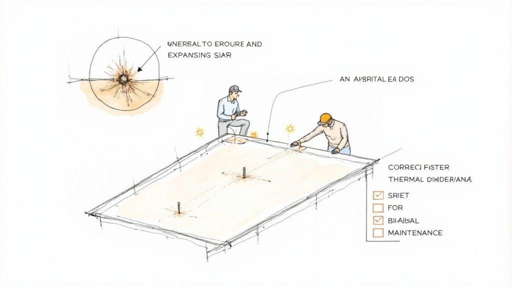 A professional crew installing metal roofing panels on a large commercial building, highlighting the importance of proper installation.