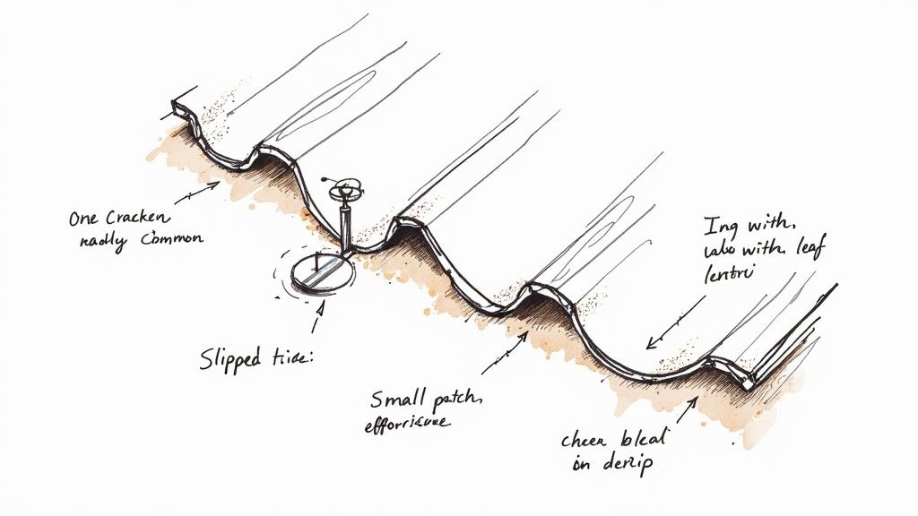 Detailed sketch of a corrugated concrete roof tile cross-section, highlighting cracks, a fastener, and wear.