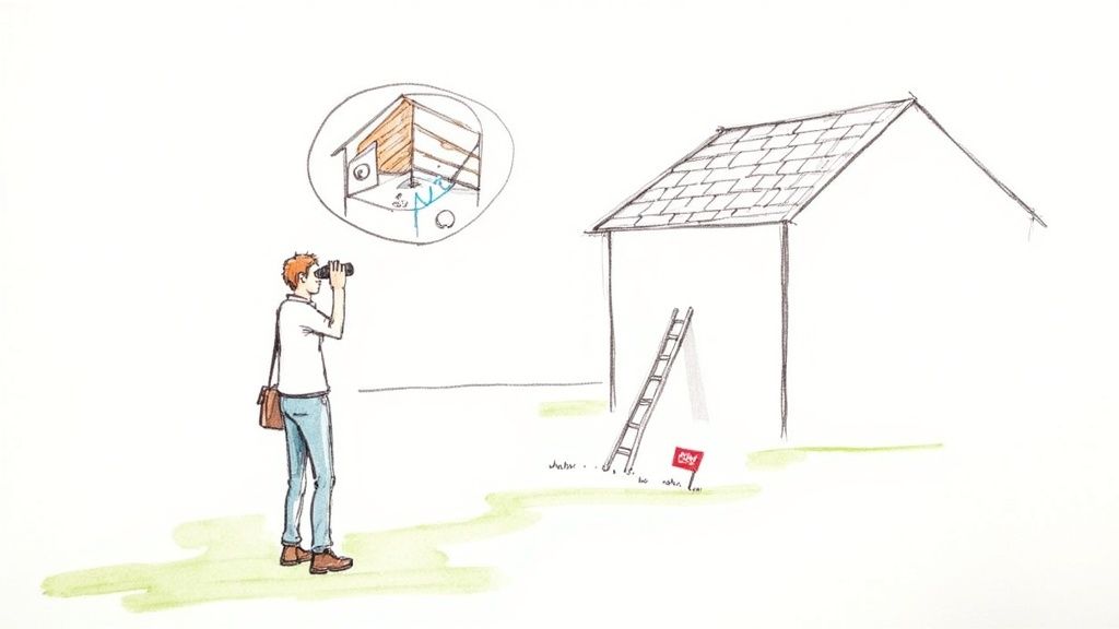 Homeowner using binoculars to inspect roof damage while planning tile roof repair with ladder