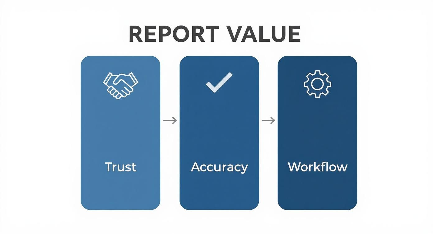 Infographic summarizing the value of a roof inspection report, showing icons for Trust, Accuracy, and Workflow.