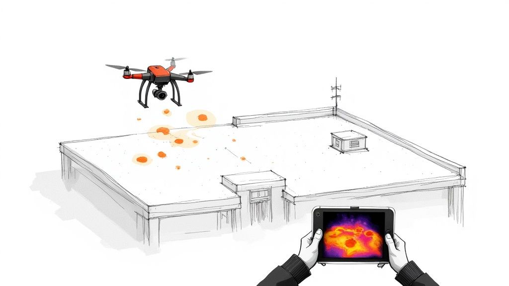 A drone flying over a residential roof, capturing high-resolution images for a detailed inspection.