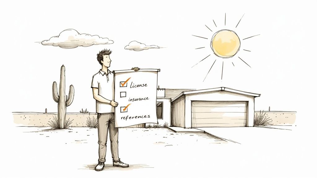 A man holds a checklist with 'license' and 'references' checked, in front of a house.