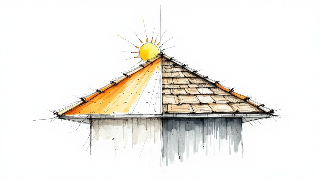 Watercolor sketch of a roof with a sun at its peak, contrasting traditional tiles with a modern, sunlit surface.