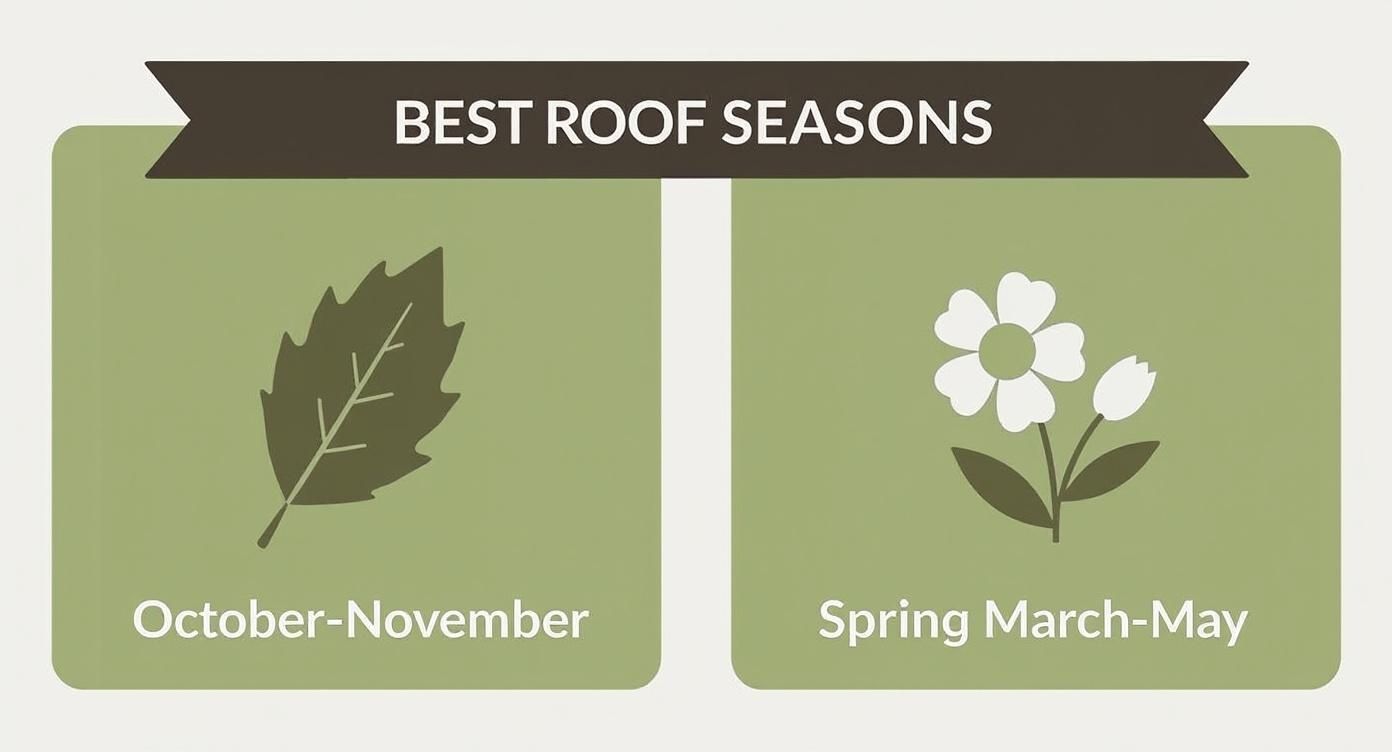 Infographic showing the best seasons for roof replacement in Tucson, with Fall (October-November) and Spring (March-May) highlighted.
