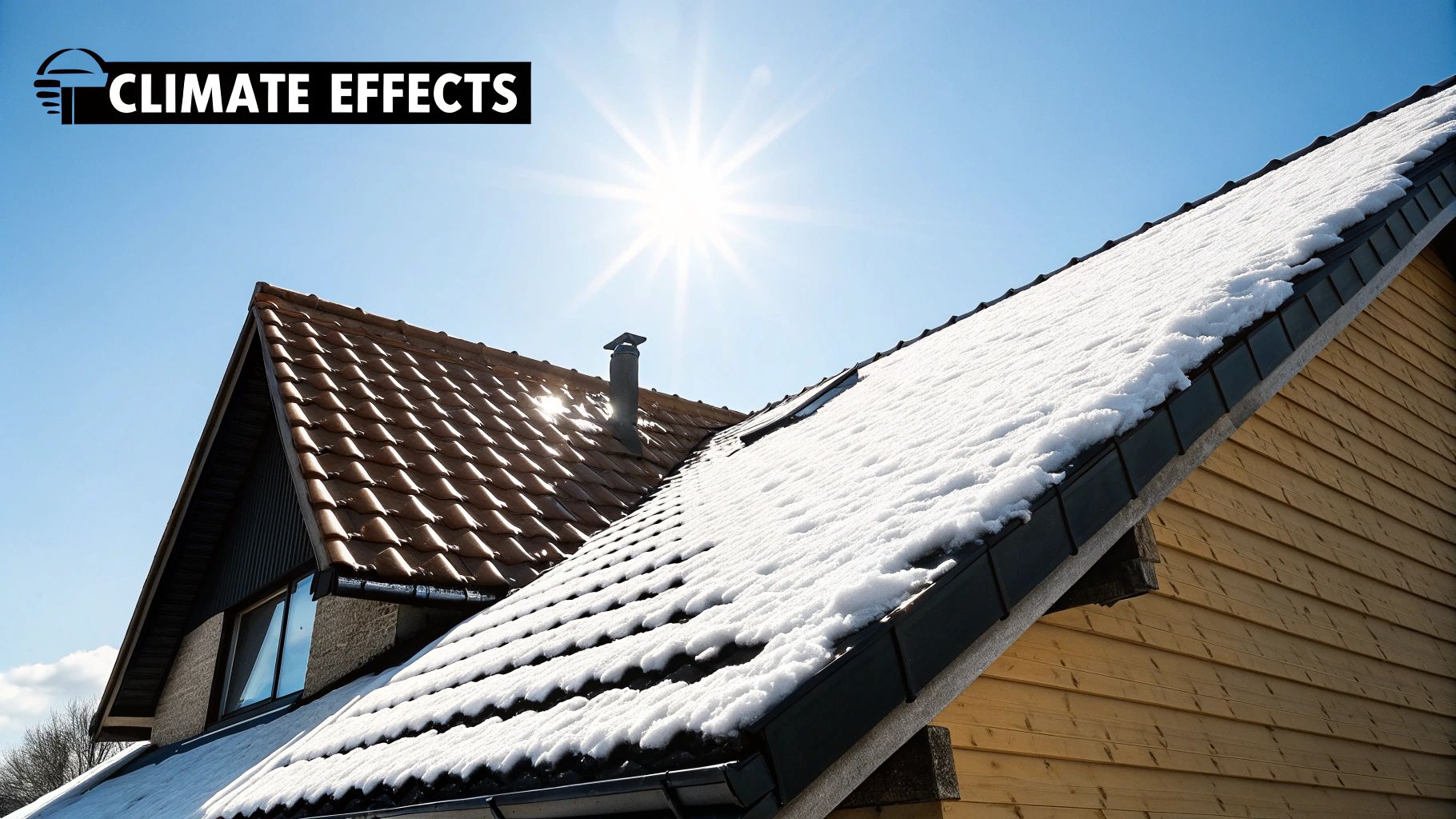 A dramatic sky with sun and storm clouds over a residential roof, symbolizing diverse climate challenges.