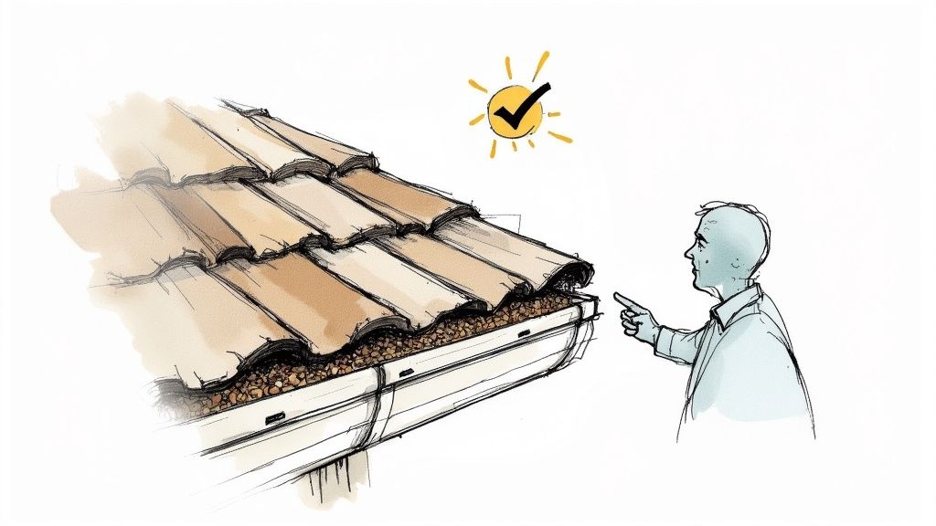 A roofer inspecting a sun-drenched residential roof in Tucson, highlighting potential damage areas.