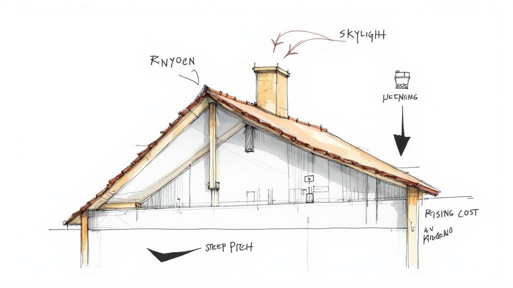 A complex roof with multiple dormers, valleys, and a chimney, illustrating hidden cost factors.