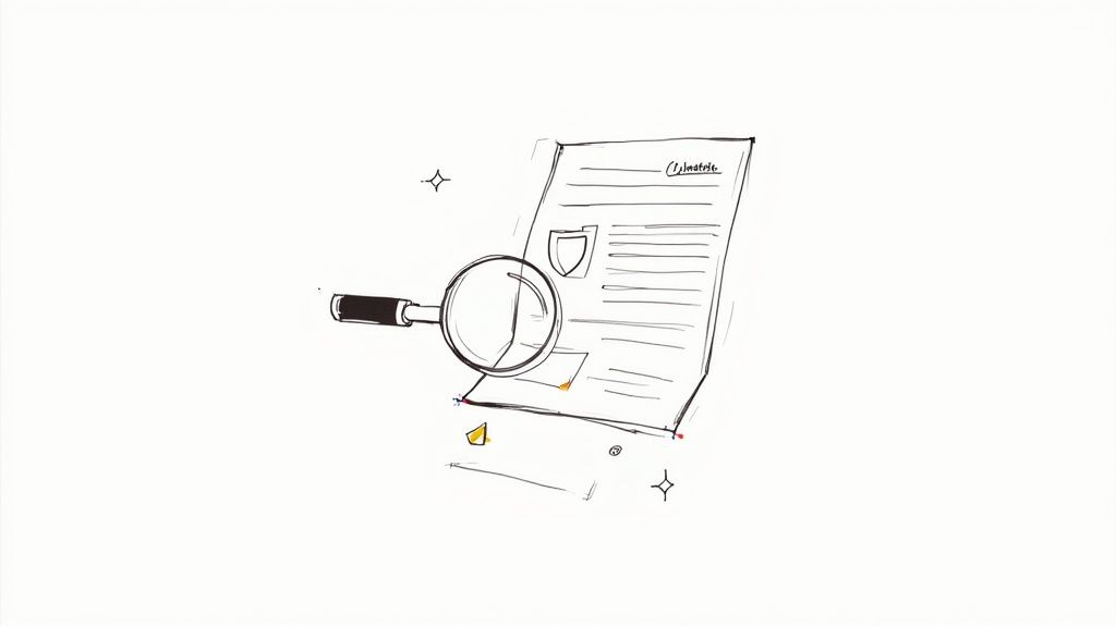 A hand-drawn illustration of a magnifying glass examining a document with text and a shield icon.