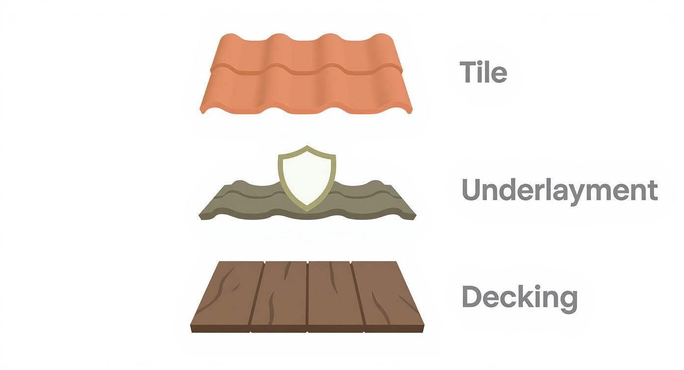 Three-layer roofing system diagram showing tile, underlayment with protective shield, and wooden decking components