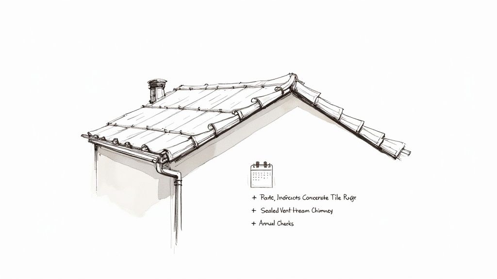 A well-maintained concrete tile roof under a clear blue sky, looking clean and in perfect condition.