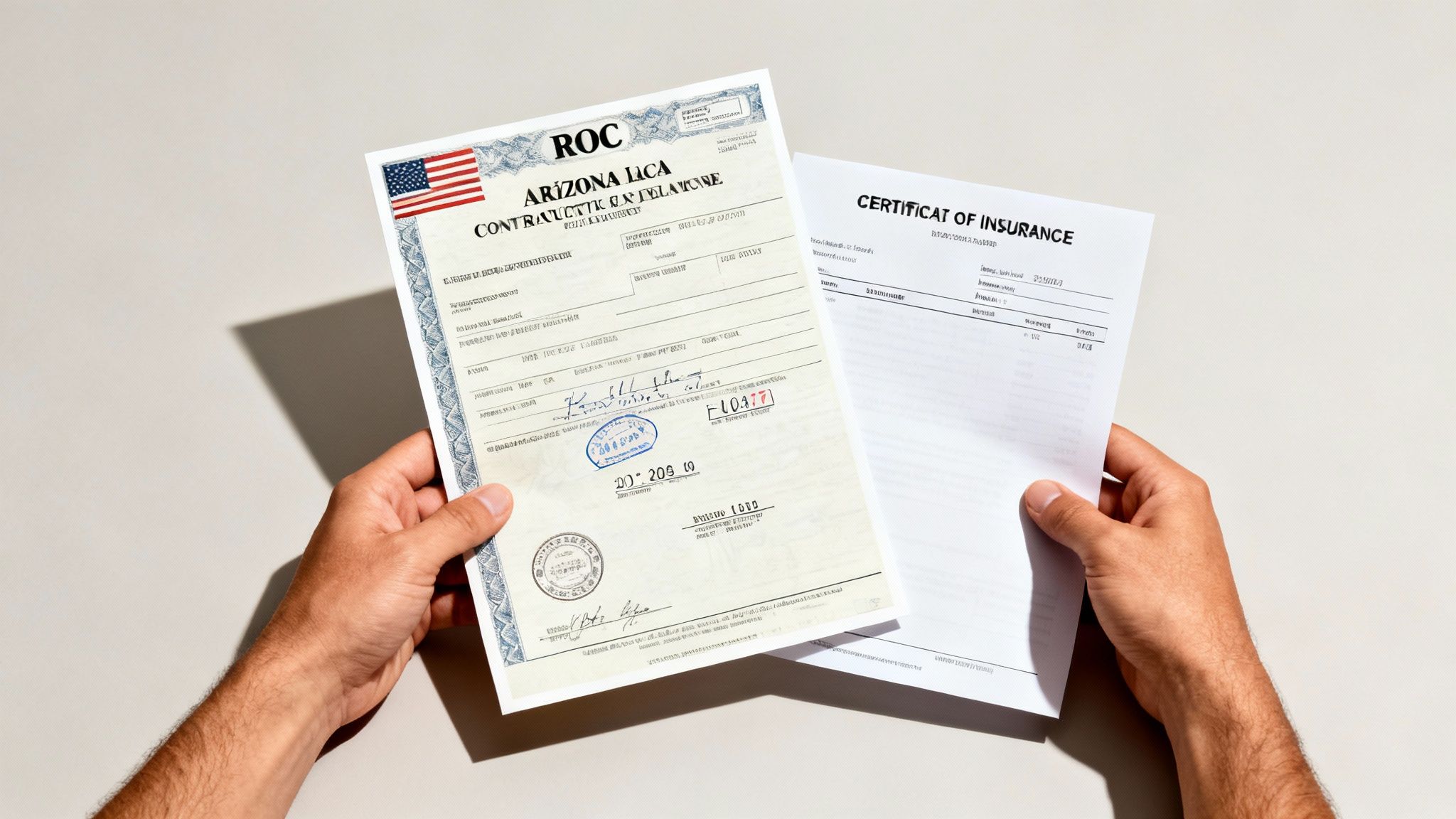A close-up of a roofing contractor's official license document and insurance certificate.