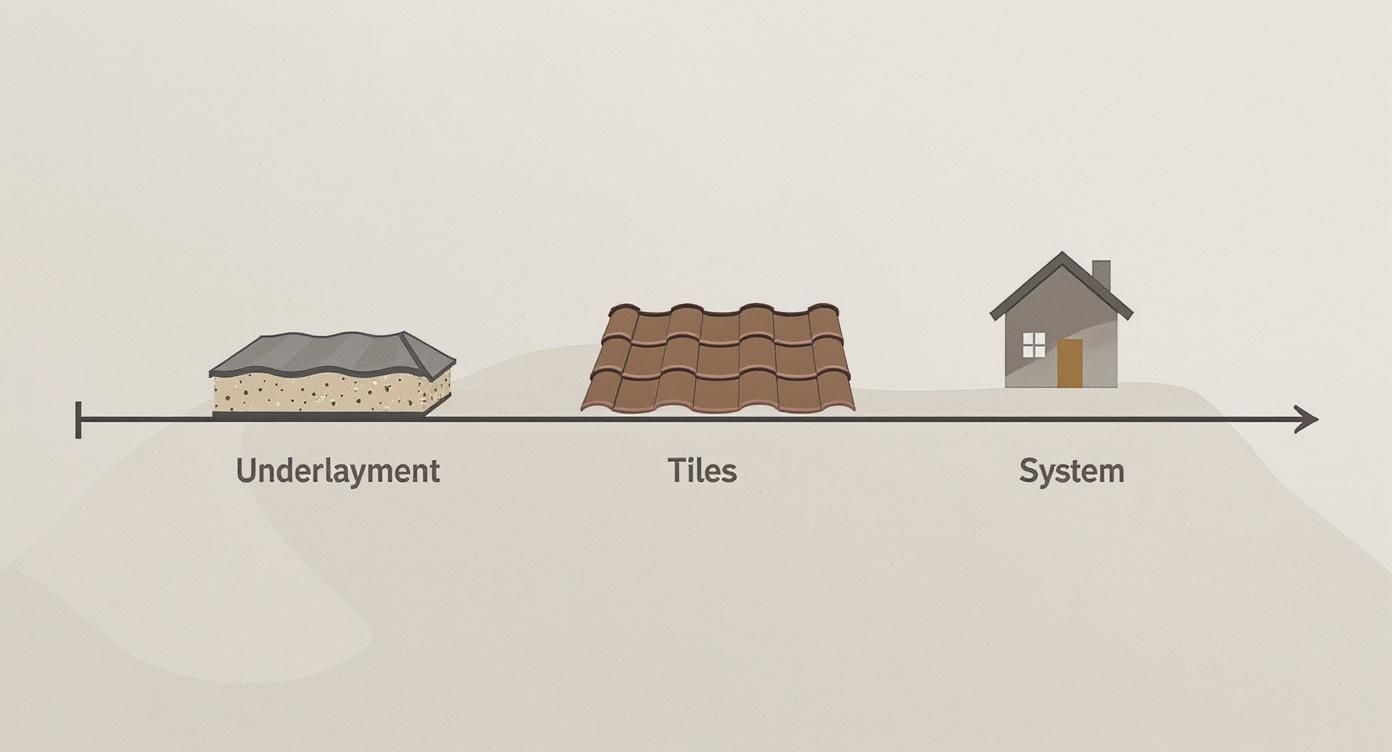 Diagram illustrating the progression of roof construction: underlayment, roof tiles, and a complete system.