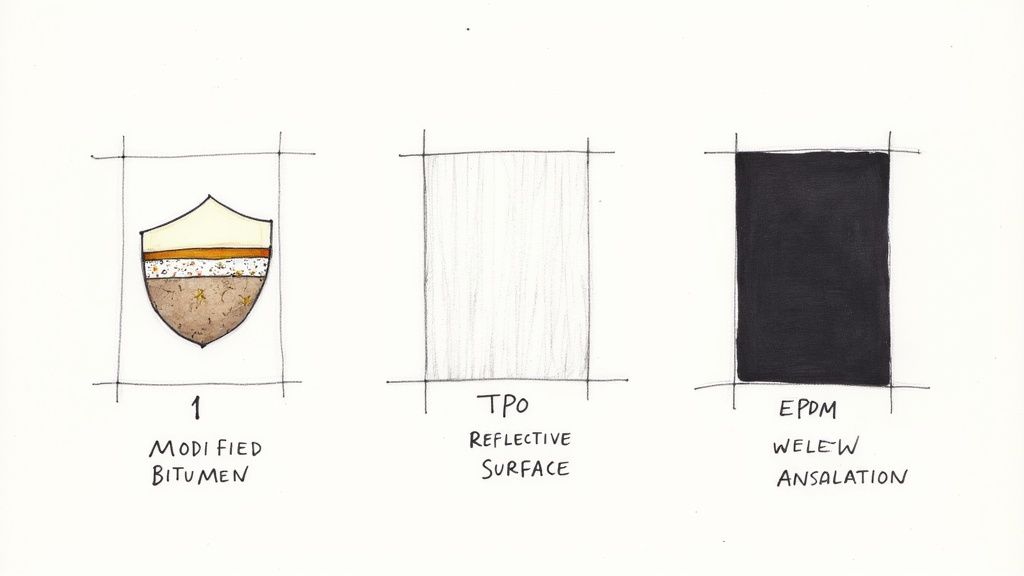 Three architectural diagrams illustrate different roofing materials: Modified Bitumen, TPO Reflective Surface, and EPDM.