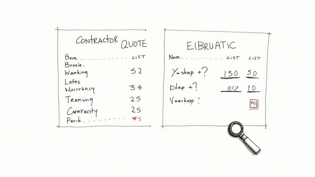 A person reviewing a roofing contract with a pen in hand.
