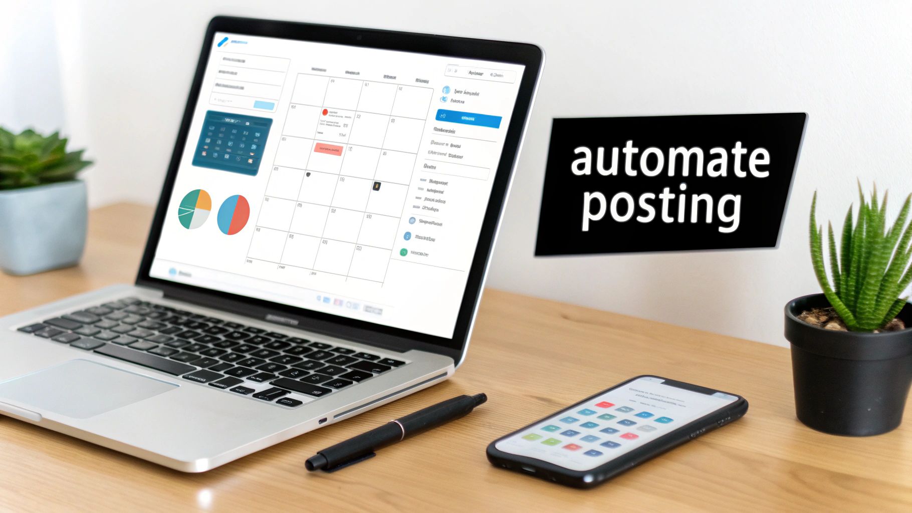 Laptop displays a social media scheduling calendar with analytics, a smartphone, and a sign 'automate posting' on a desk.