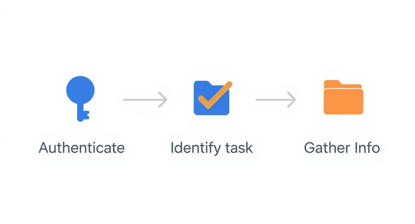 Workflow diagram with key for authentication, checked folder for task identification, and folder for gathering information.