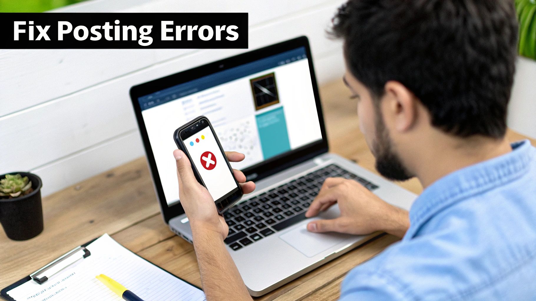 A person holds a smartphone with an error symbol while typing on a laptop, fixing posting errors.