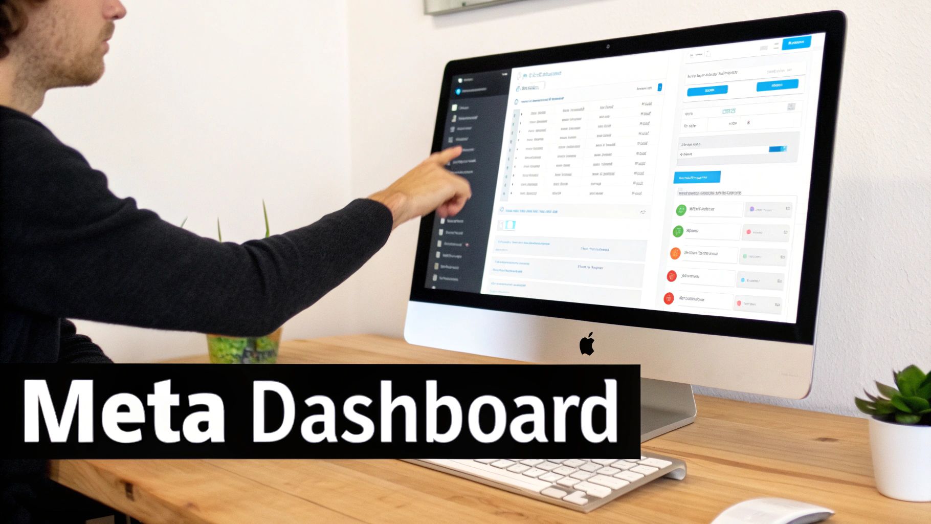 A person's hand points to a 'Meta Dashboard' displayed on an Apple iMac, showing a data interface.