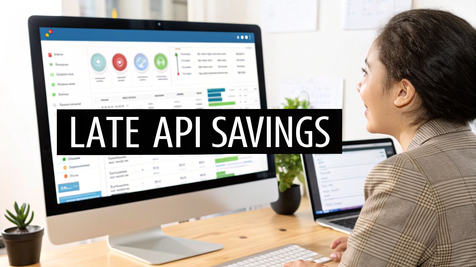 Professional woman viewing API savings dashboard with charts and data analytics on computer screen