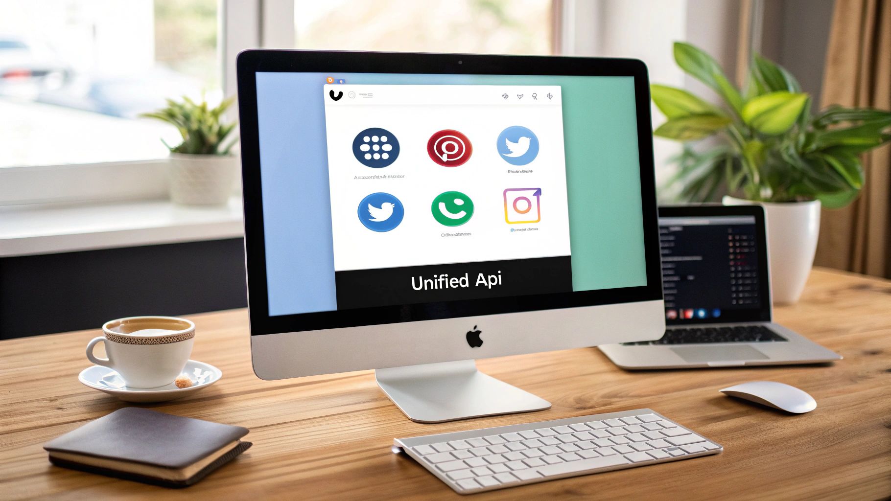A developer looking at multiple social media icons connected to a central API hub, symbolizing order from chaos.