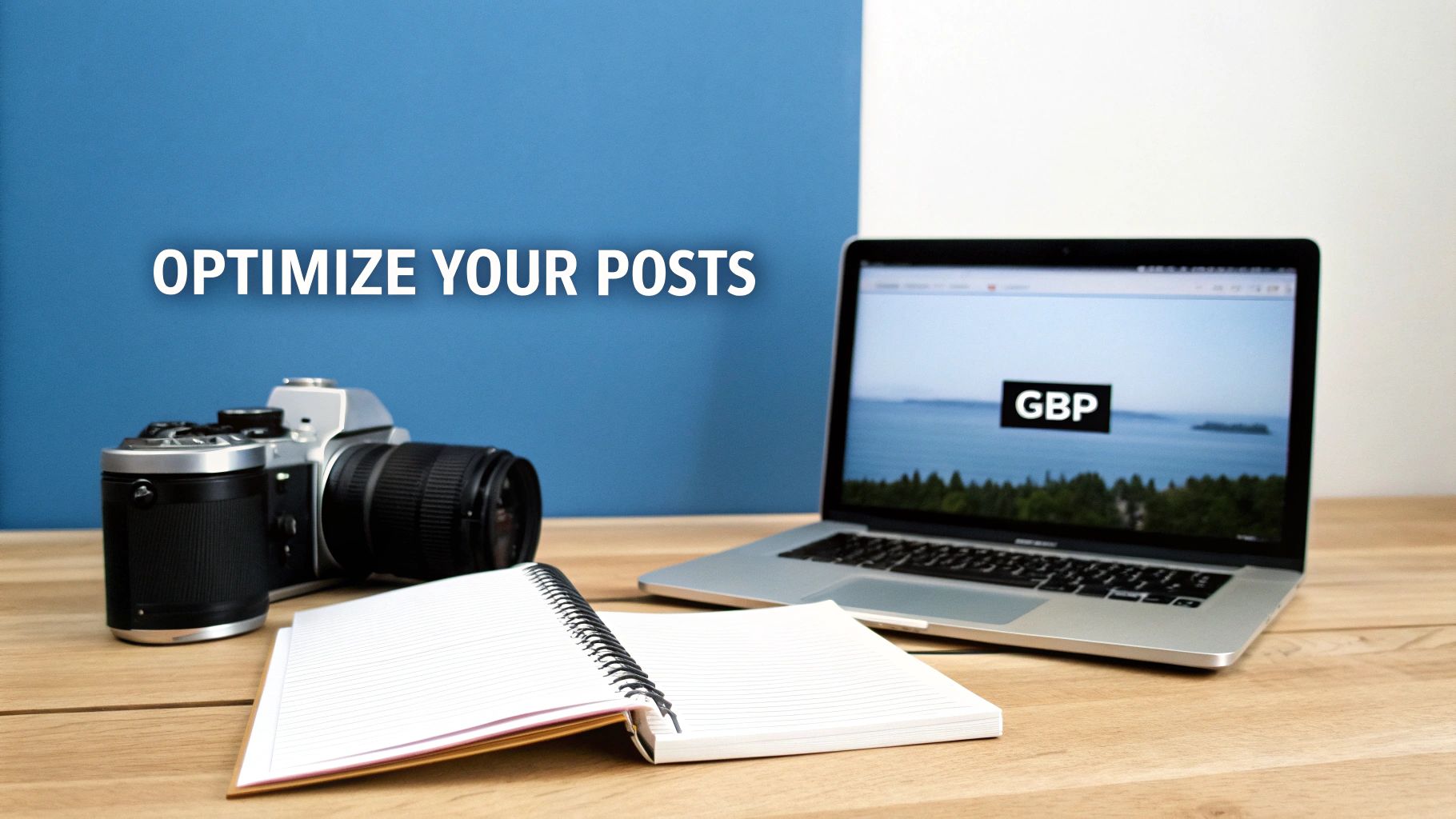 Desk setup with camera, laptop displaying 'GBP', and an open notebook, promoting optimized posts.