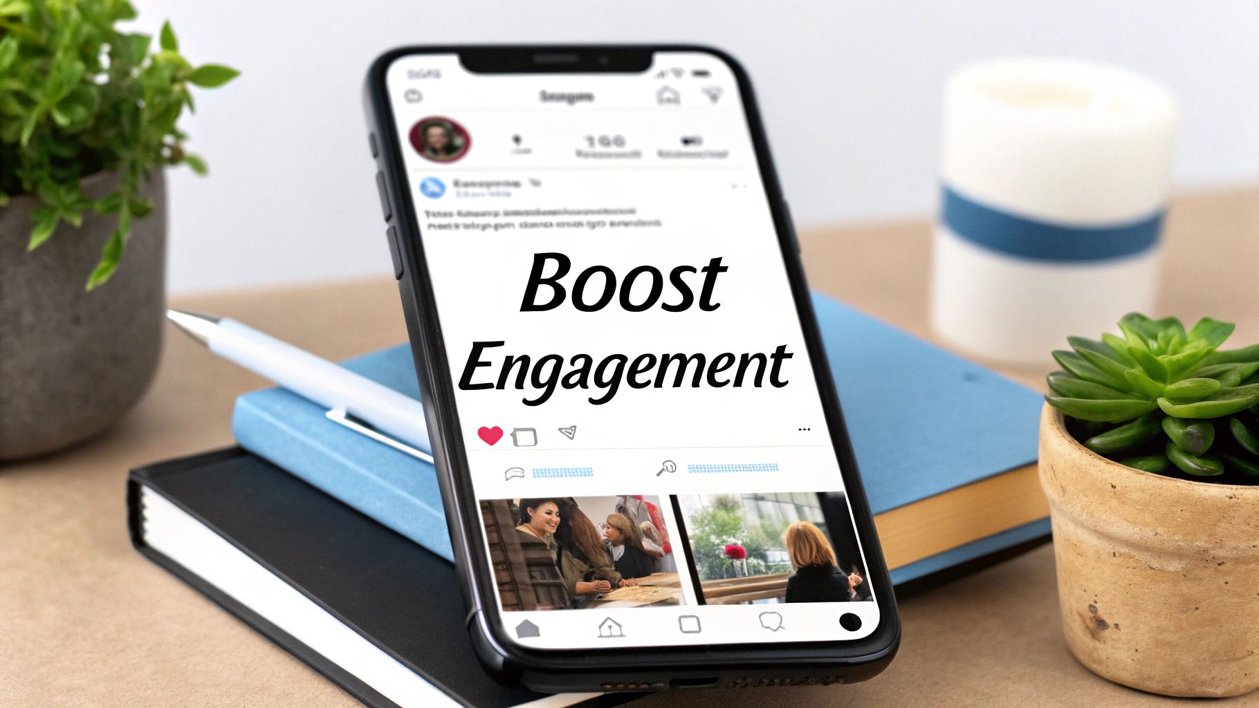Smartphone screen displaying "Boost Engagement" on a social media app, resting on books with a pen and plants.