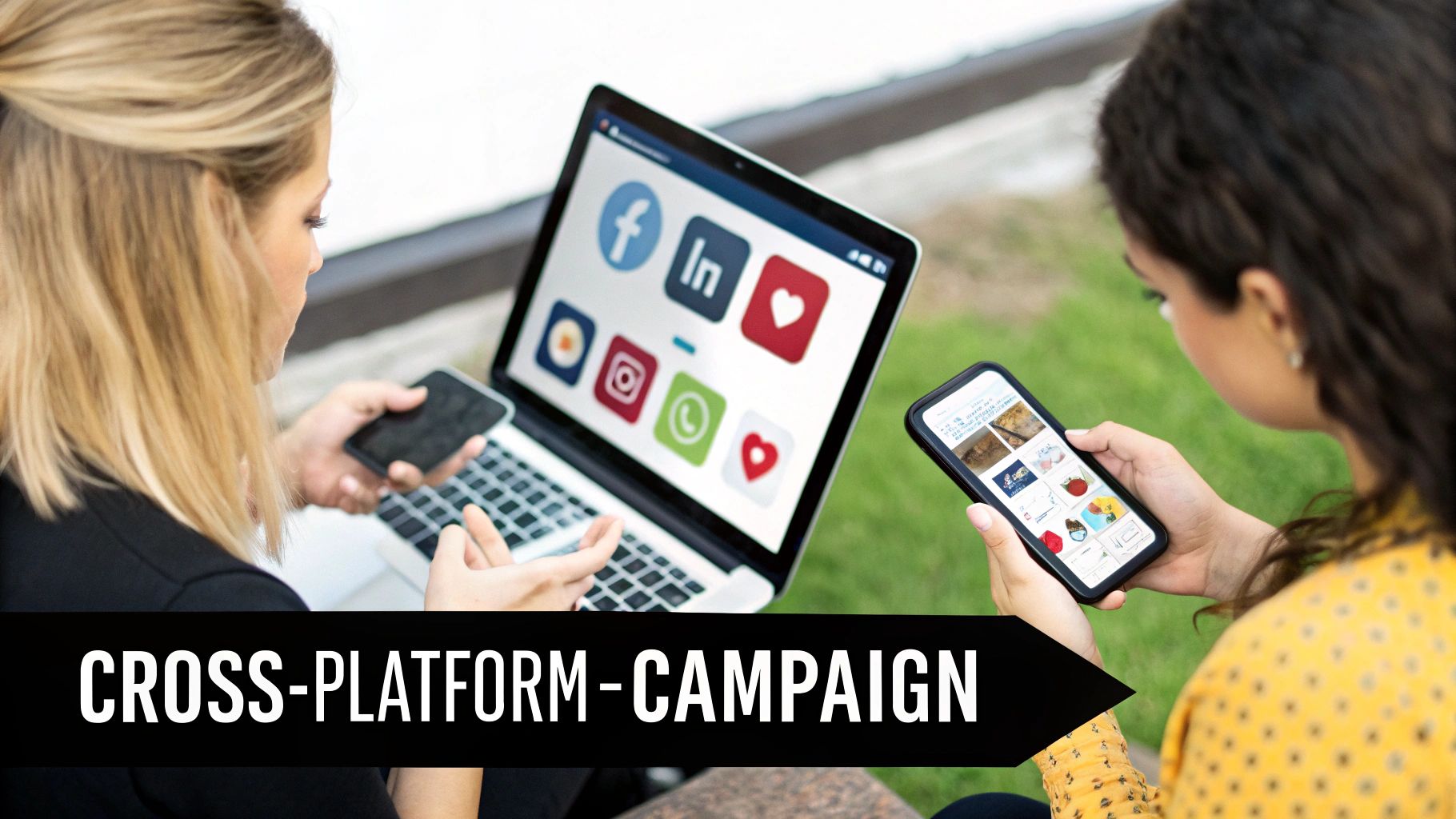 A social media manager at a desk with multiple screens showing different social media platform layouts.