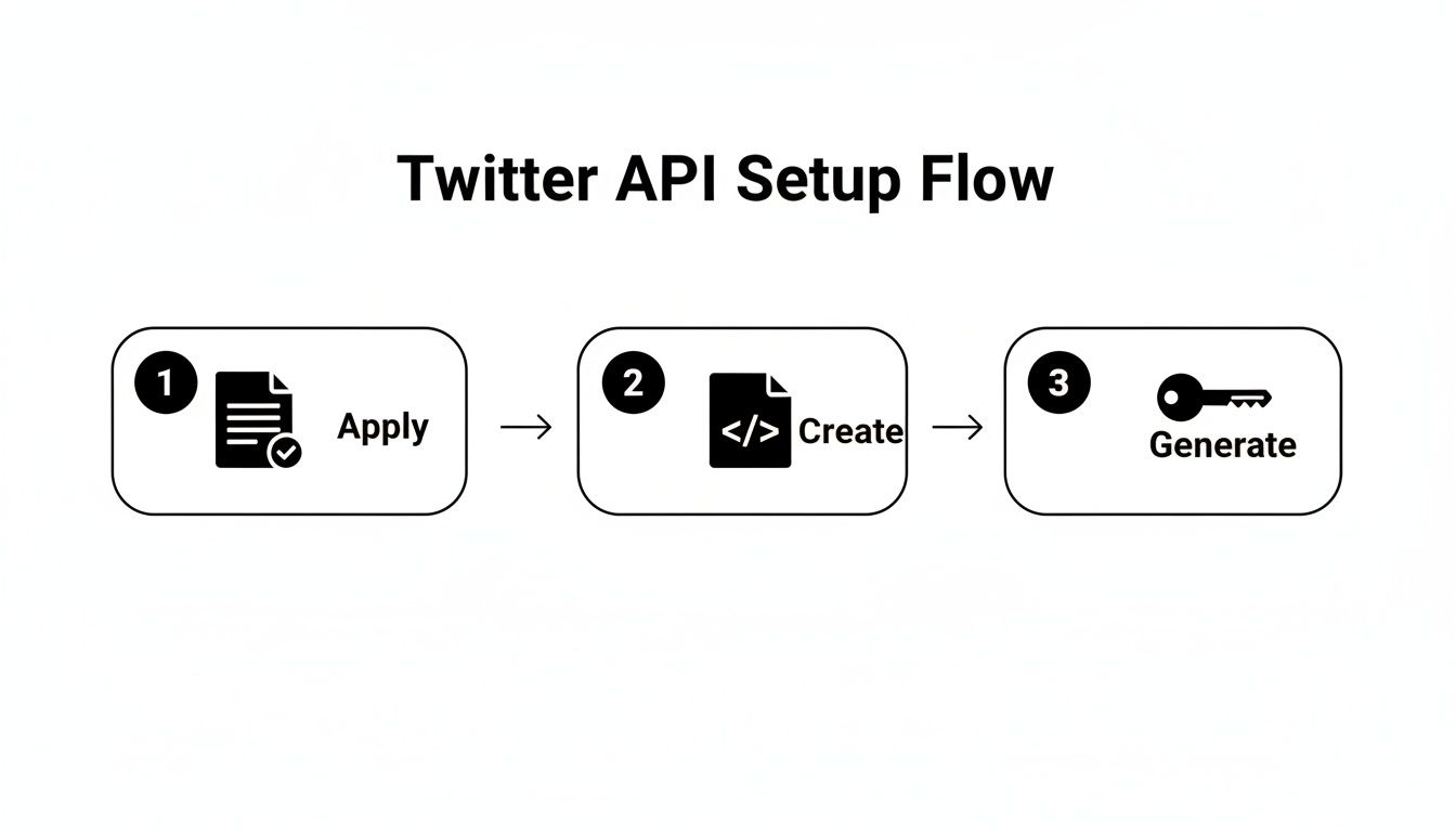 A three-step diagram illustrating the Twitter API setup flow: Apply, Create, and Generate.