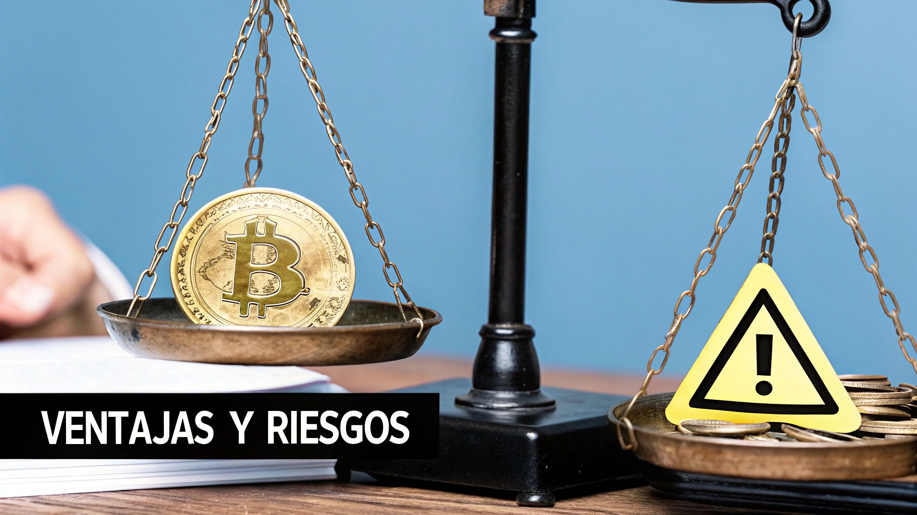 Balanza que compara dos pilas de criptomonedas, una etiquetada como 'ventajas' y otra como 'riesgos'.
