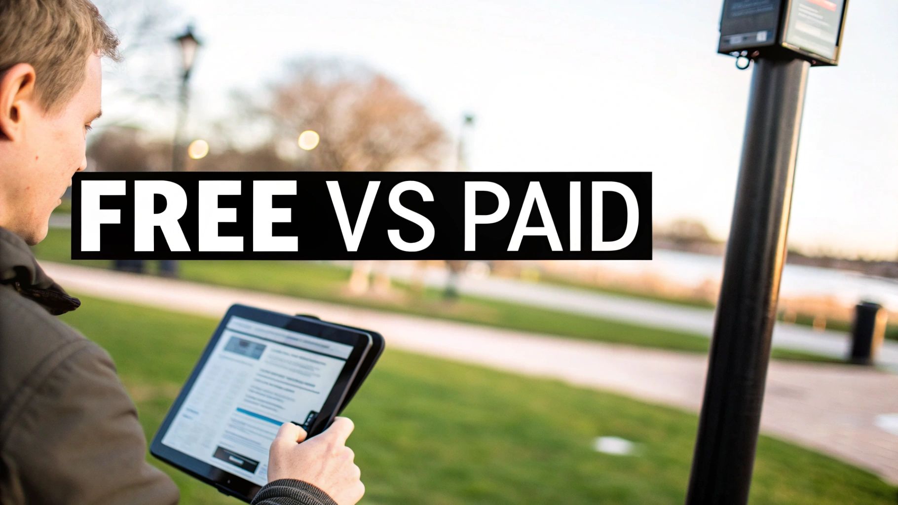 A person comparing two lists side-by-side on a screen, one labeled 'Free' and the other 'Paid'.