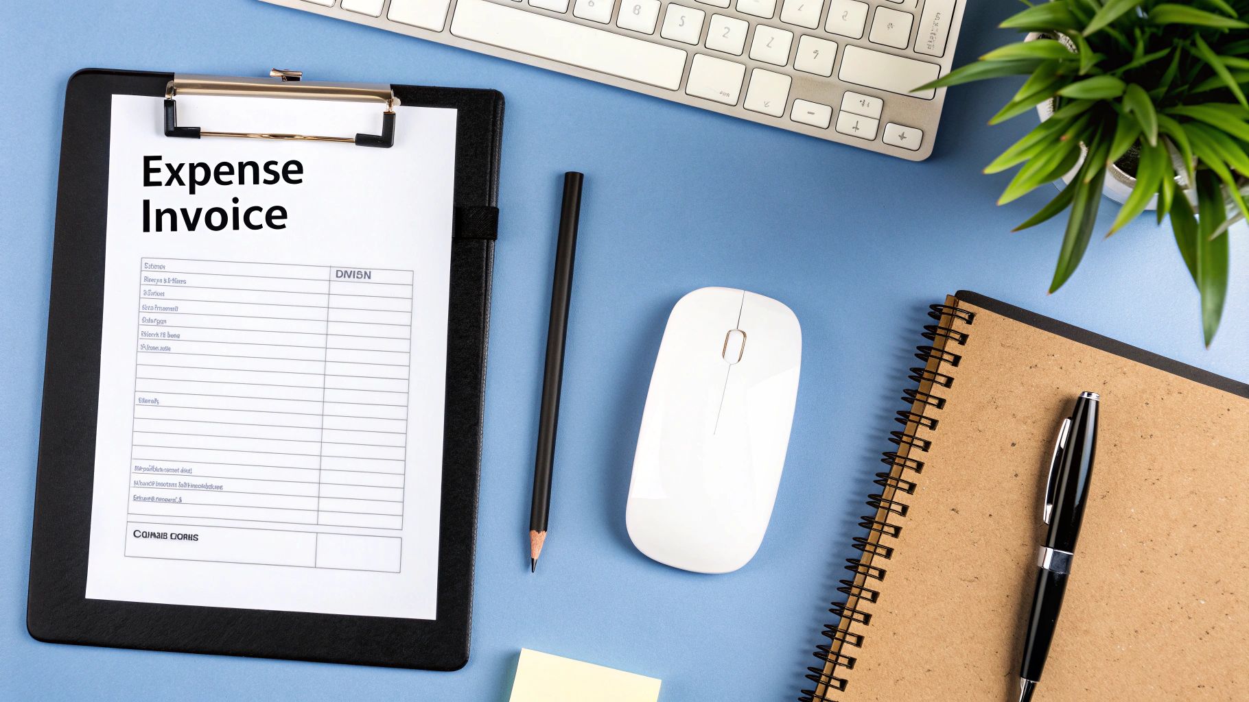A person organizing receipts and documents on a desk with a laptop nearby, illustrating the process of preparing an expense reimbursement invoice.
