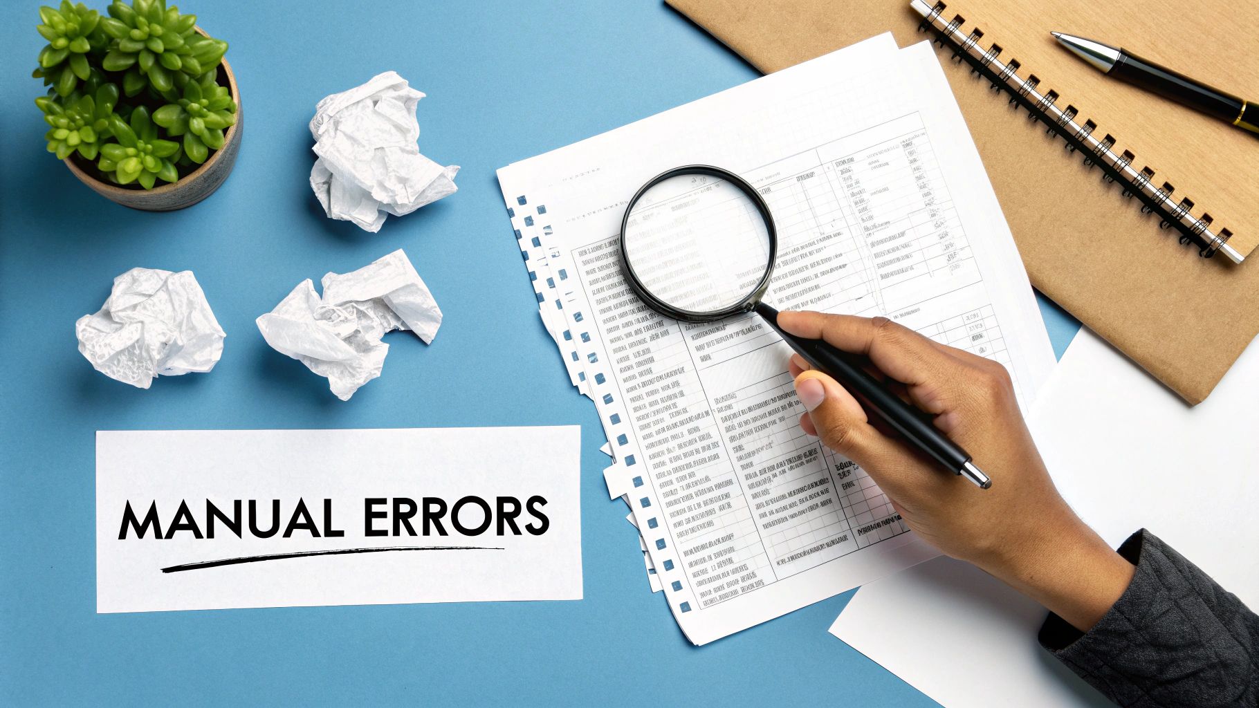 A person looking stressed while surrounded by stacks of paperwork and invoices