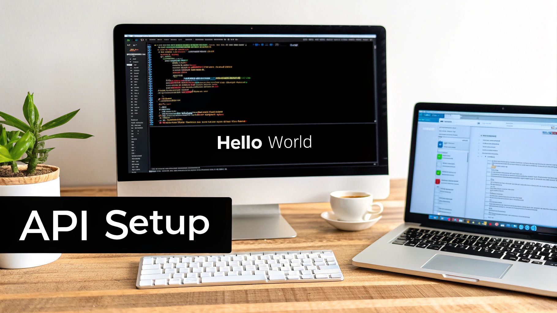 Developer workspace showing code editor with Hello World programming tutorial and API Setup text