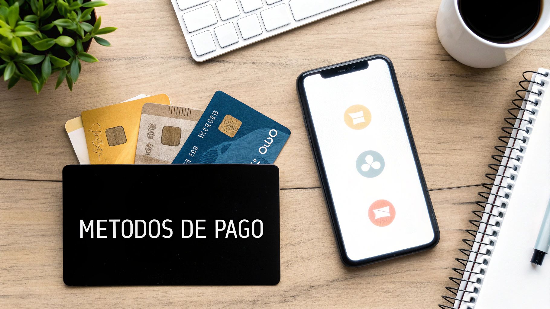 Varios logos de métodos de pago como PayPal, tarjetas de crédito y transferencias bancarias