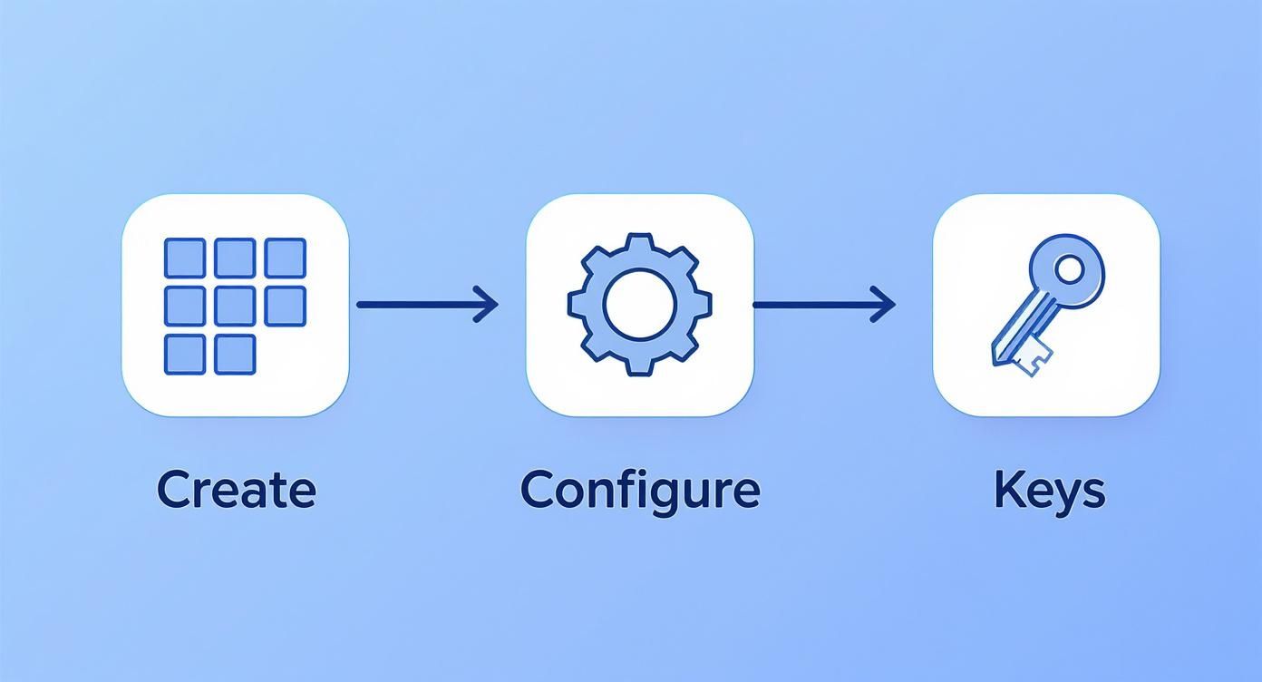 Diagram illustrating a three-step process: Create with a grid icon, Configure with a gear icon, and Keys with a key icon.