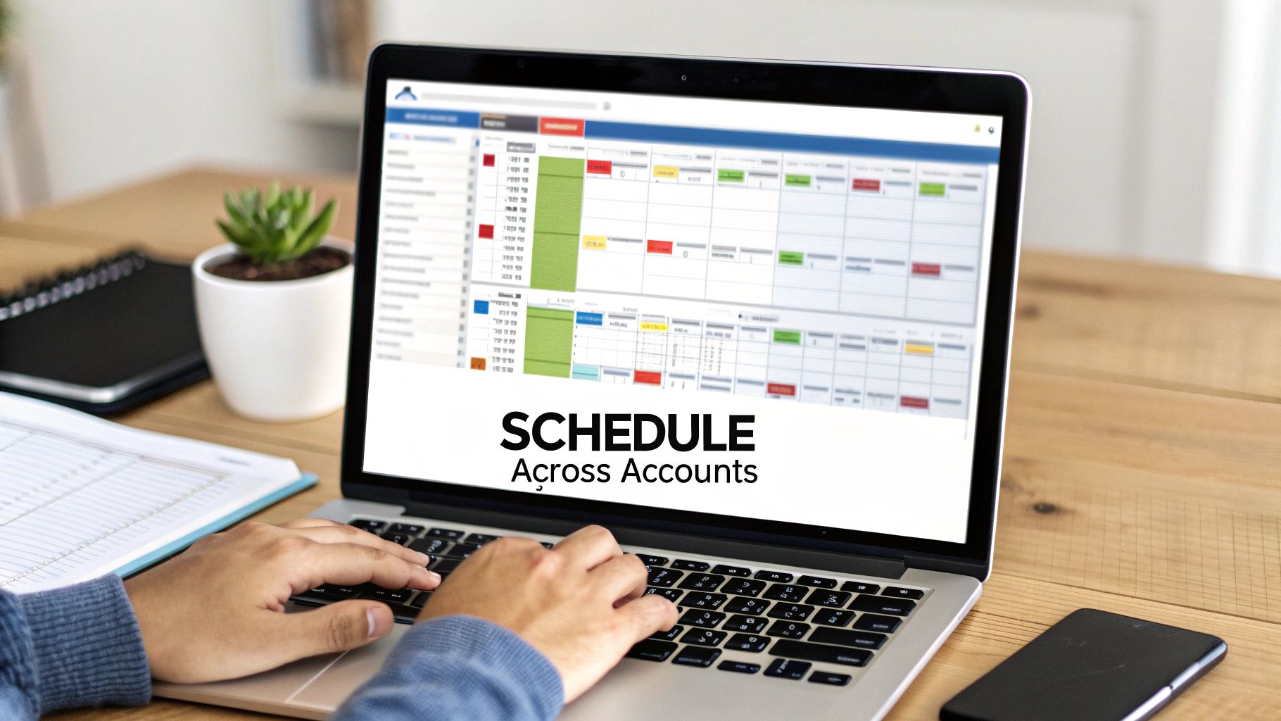 A unified content calendar on a screen showing scheduled posts for multiple Instagram accounts.