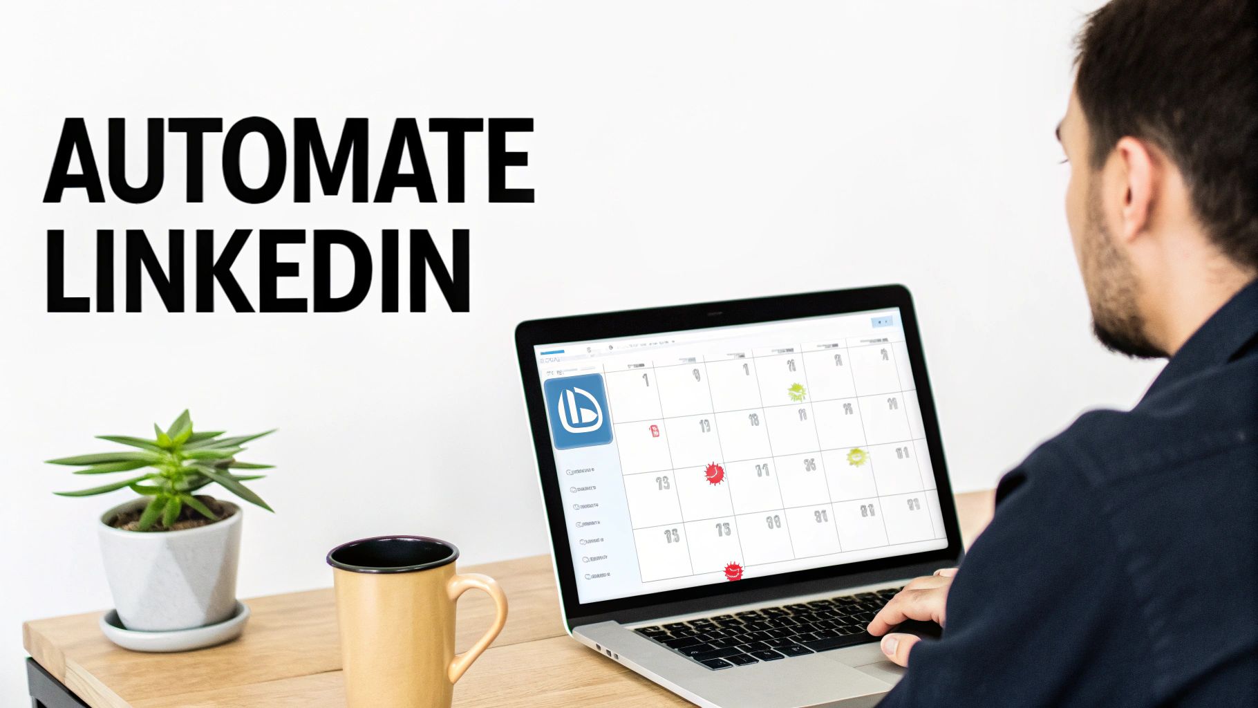 A person using a laptop displaying a LinkedIn scheduling calendar, with "AUTOMATE LINKEDIN" text.