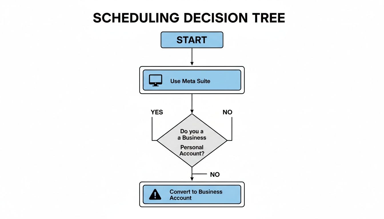 A scheduling decision tree flowchart showing steps to use Meta Suite and convert to a business account.