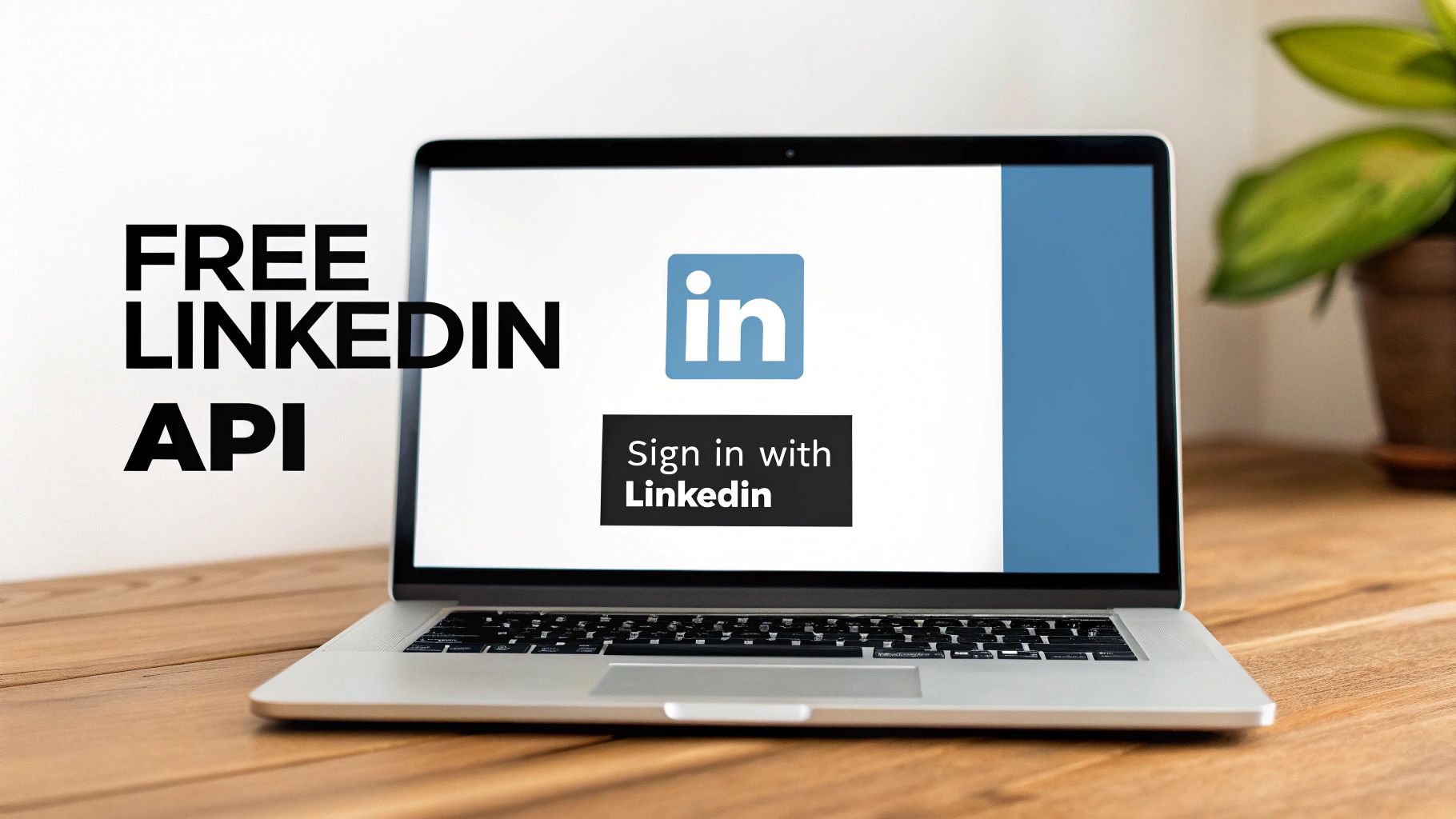 Laptop displaying LinkedIn sign in screen with free LinkedIn API text overlay on wooden desk