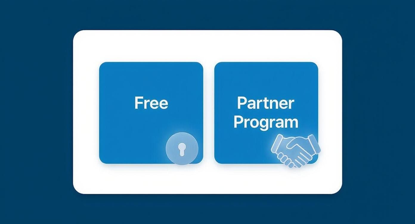 Two blue cards showing Free tier with lock icon and Partner Program tier with handshake icon
