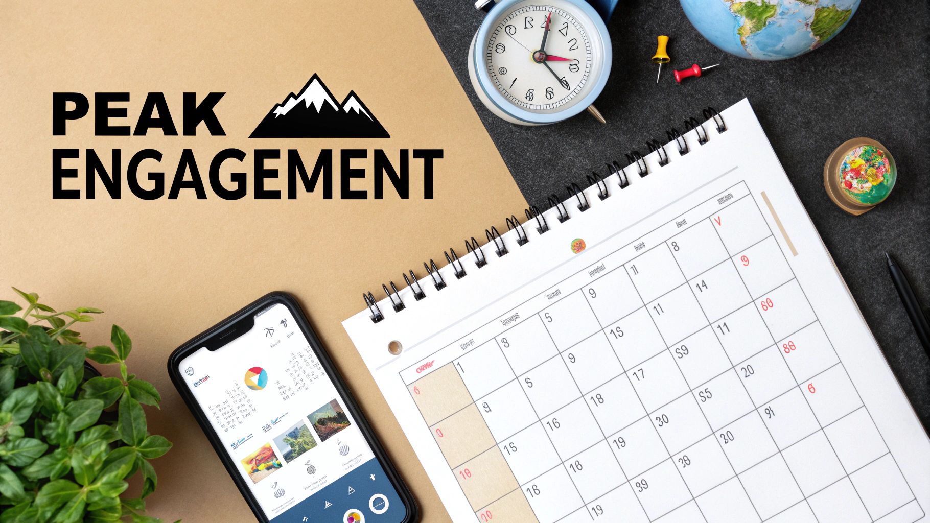 A flat lay showing 'PEAK ENGAGEMENT' text with a mountain logo, a calendar, smartphone, and desk items.