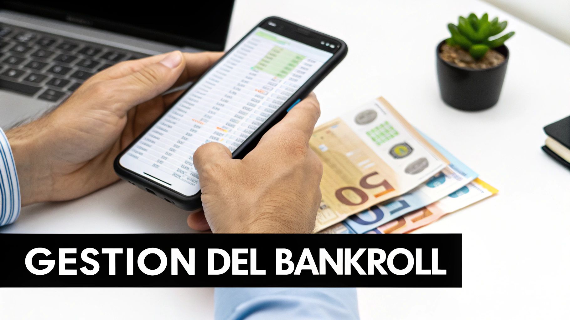 Un fajo de billetes cuidadosamente organizados junto a un teléfono móvil que muestra gráficos de apuestas