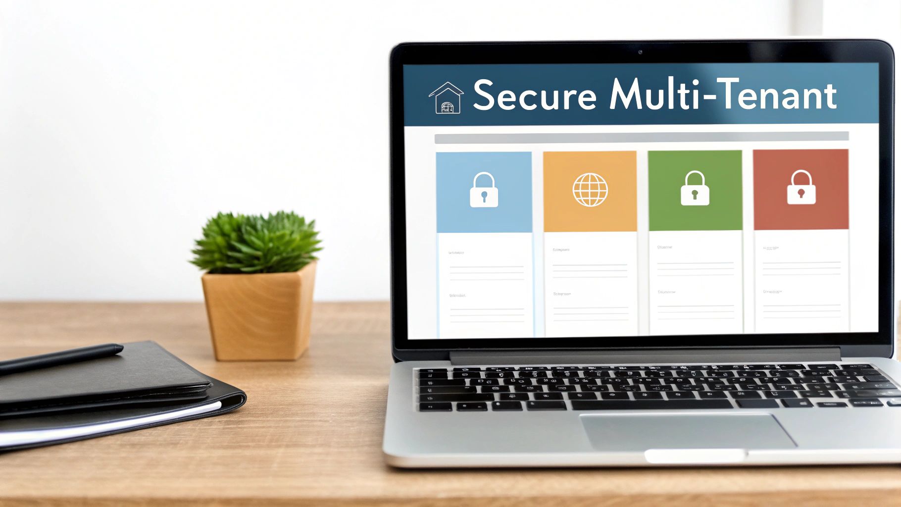 A laptop on a wooden desk displaying 'Secure Multi-Tenant' software, next to a plant and notebook.