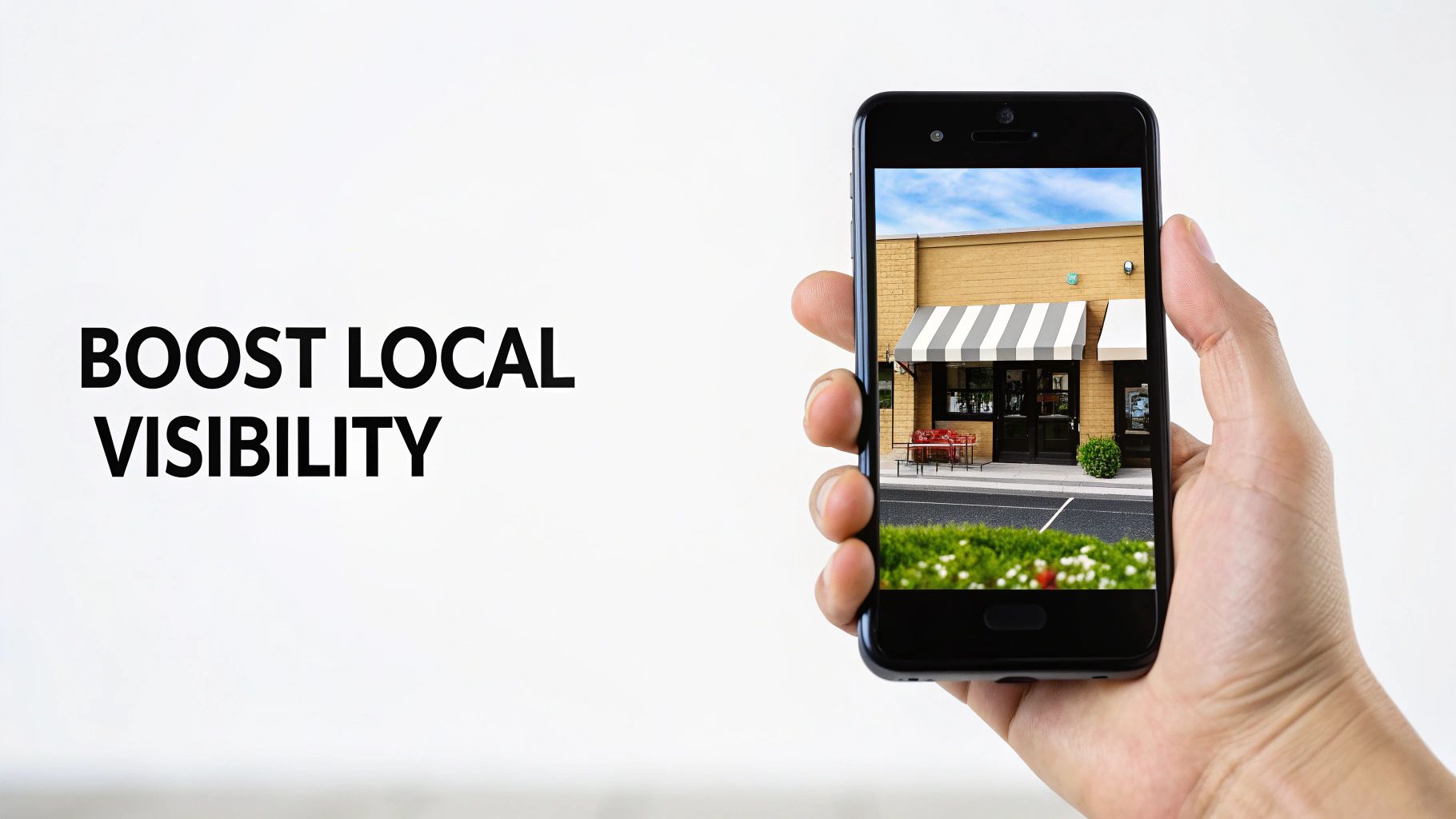 A hand holds a smartphone displaying a local storefront, promoting business and local visibility.