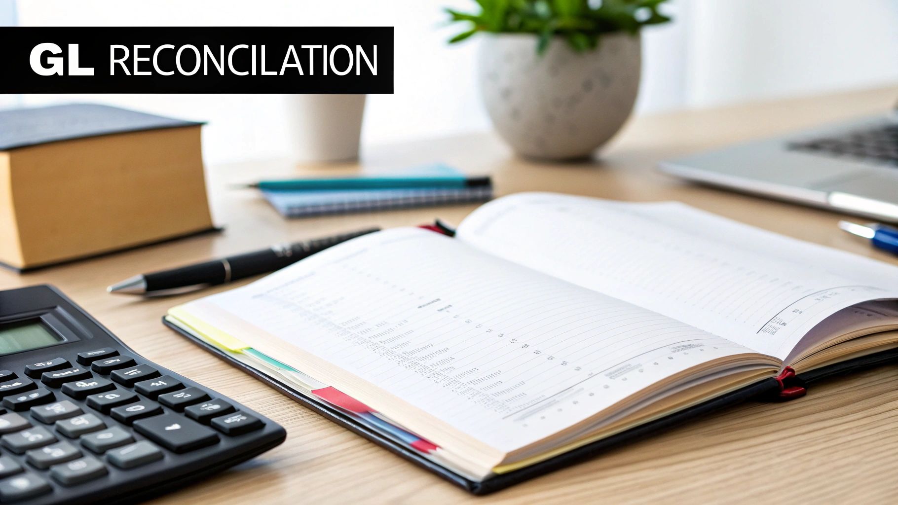 A person working on financial documents with a laptop and calculator, illustrating the reconciliation process.
