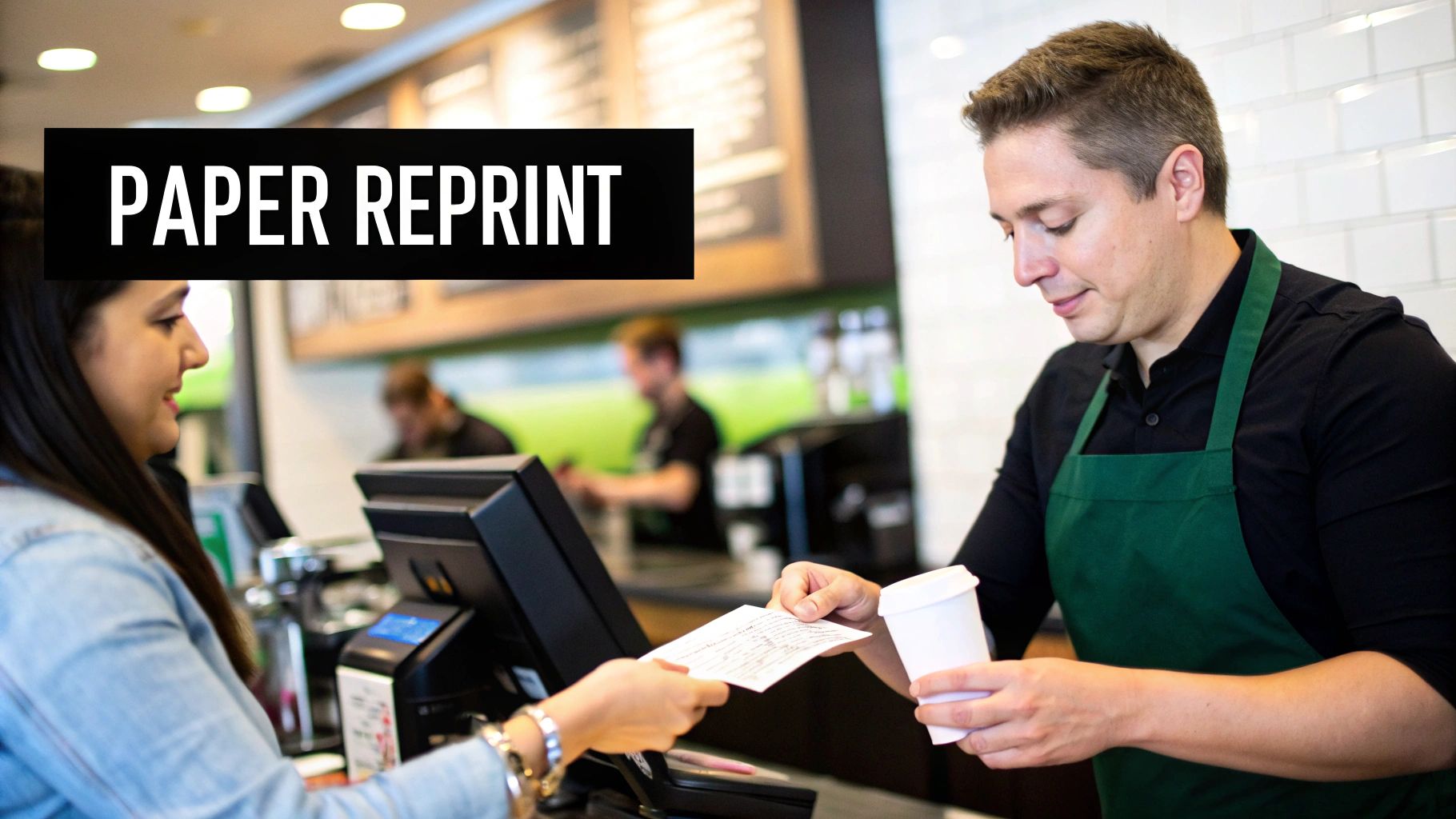 A barista handing a receipt to a customer at a Starbucks counter