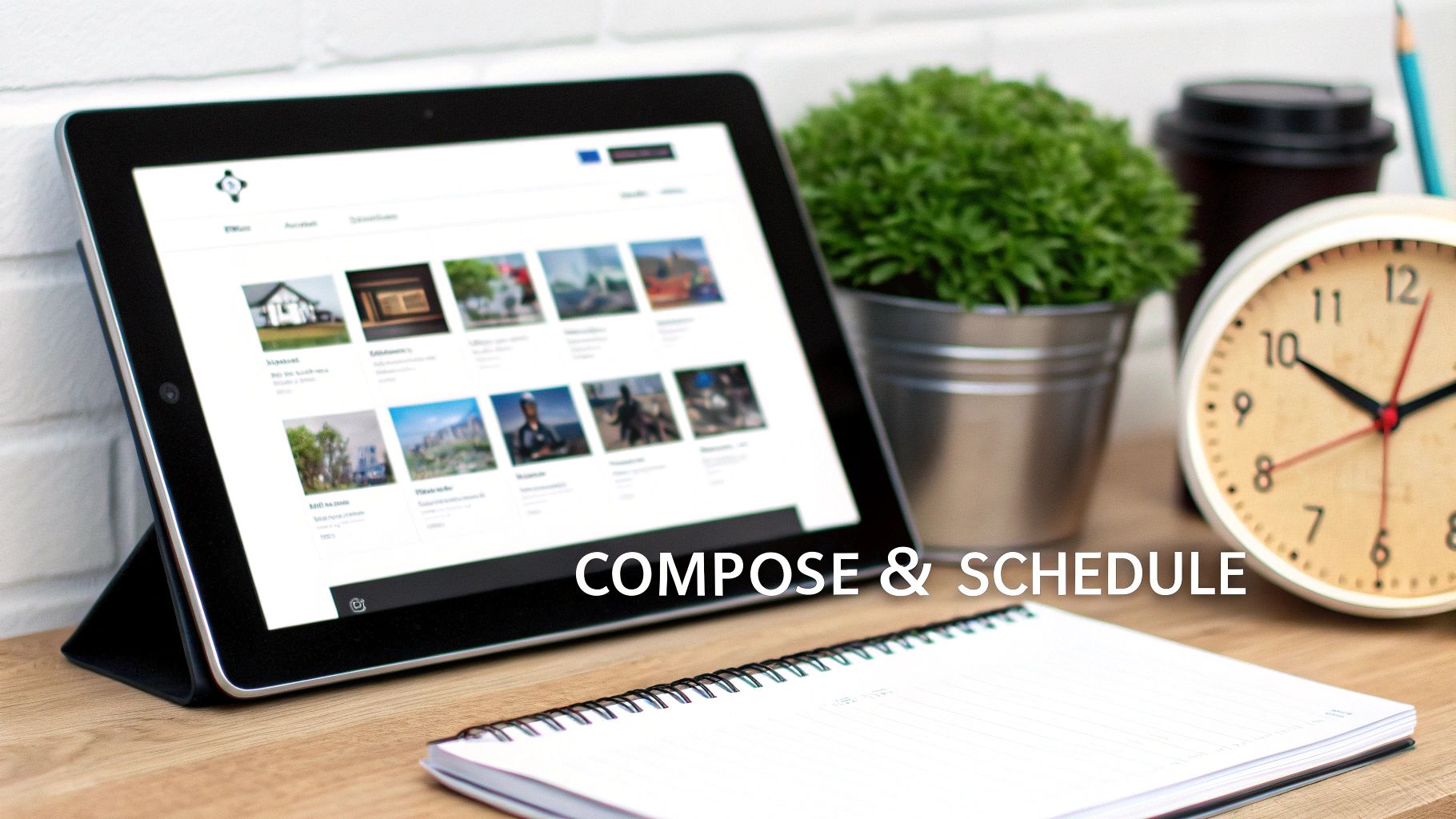 A tablet on a desk displays a social media posting app with the text "COMPOSE & SCHEDULE", next to a plant, clock, and notebook.