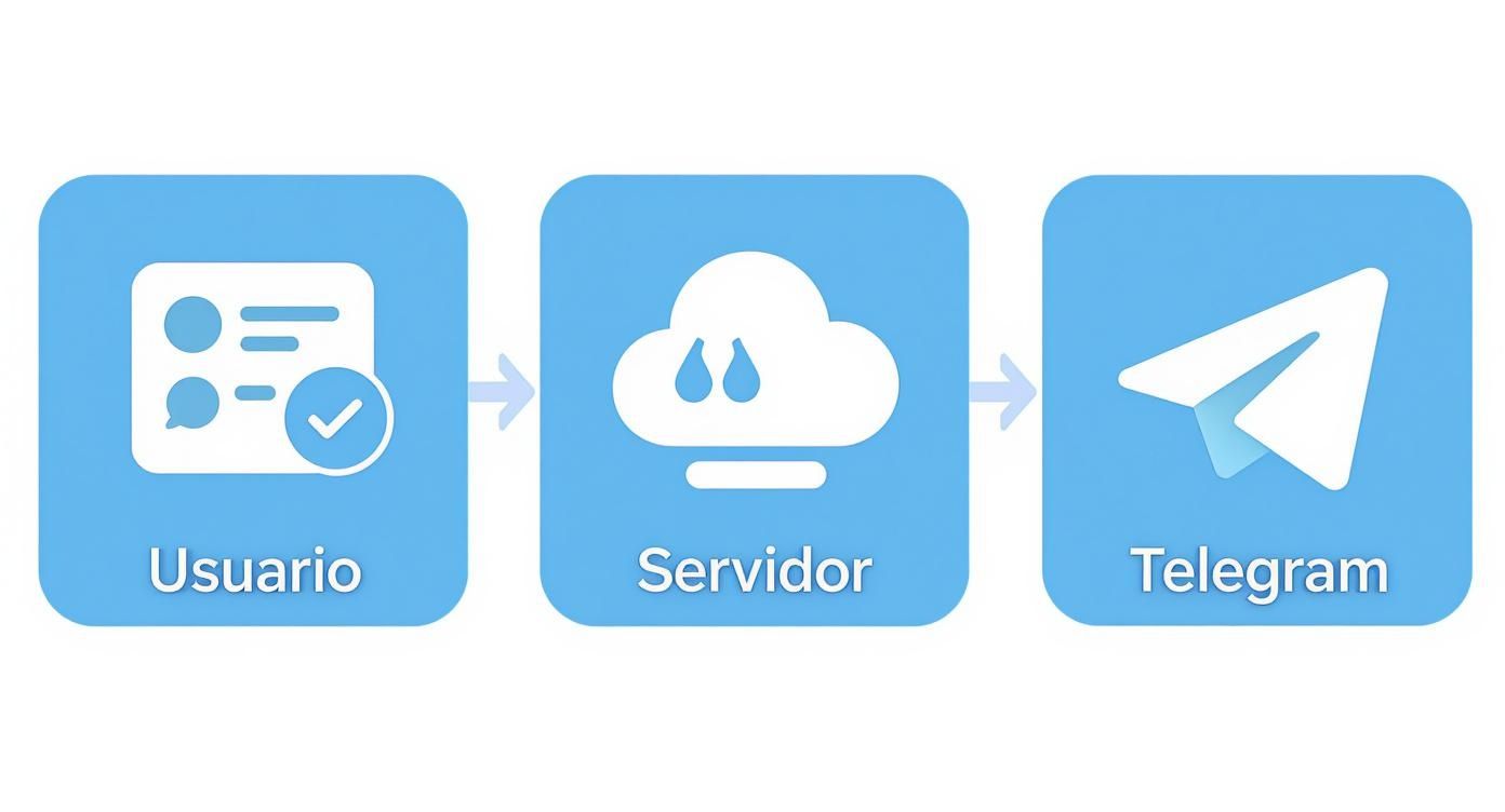 Infografía que muestra el flujo de comunicación de un bot de Telegram, desde el usuario hasta el servidor del bot y de vuelta a través de la API de Telegram.