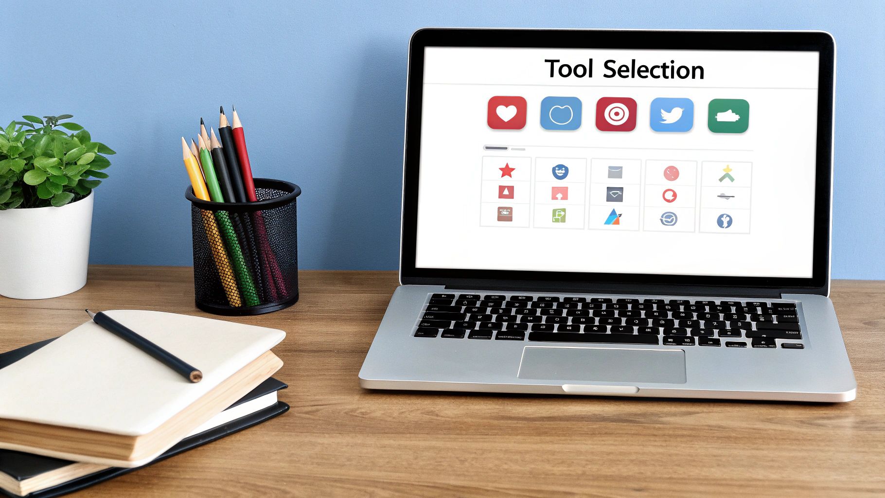 A person at a desk surrounded by various social media icons, choosing the right tool.