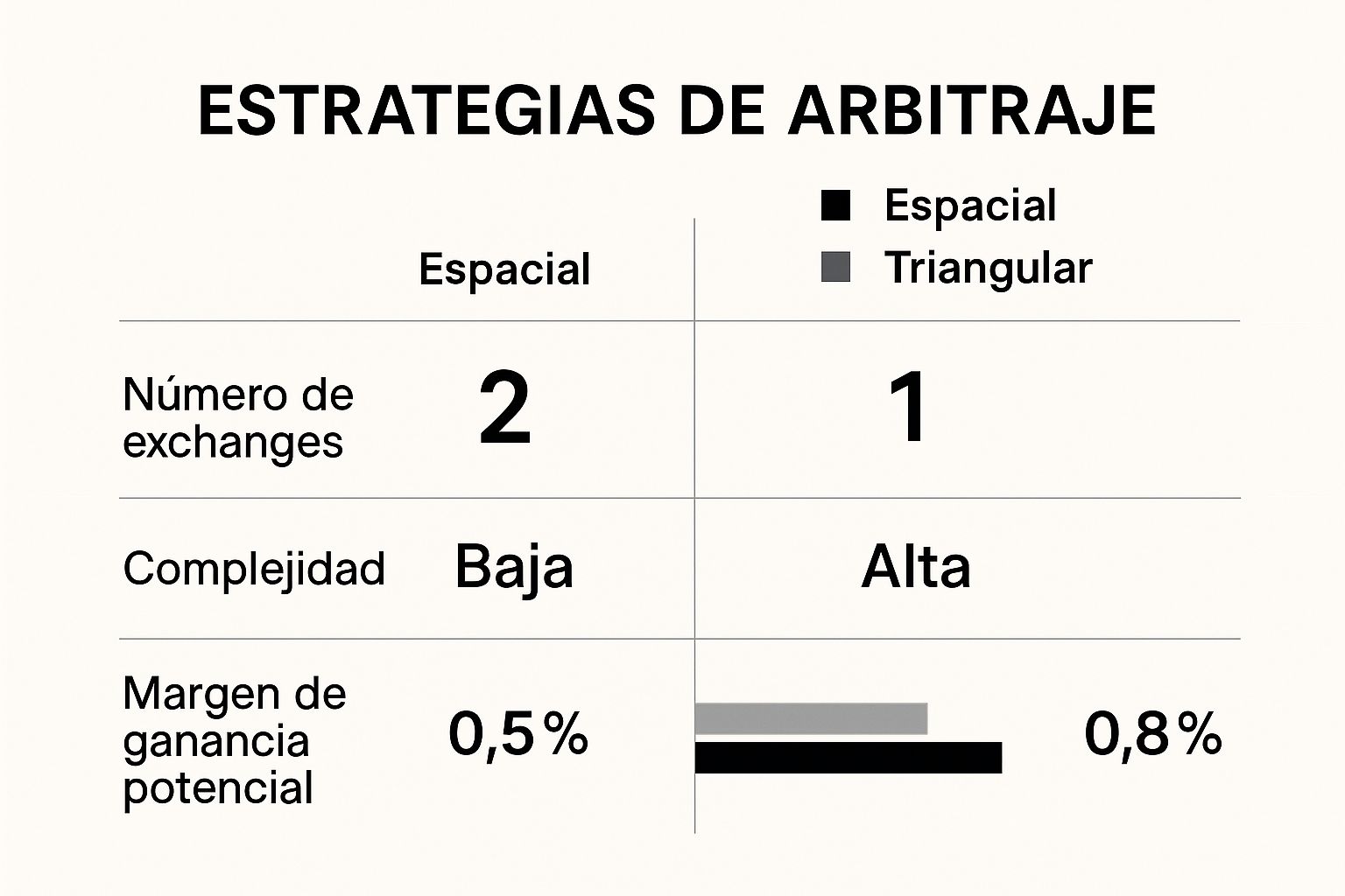 Infografía que compara las estrategias de arbitraje espacial y triangular, mostrando indicadores como número de exchanges, complejidad y margen de ganancia potencial.